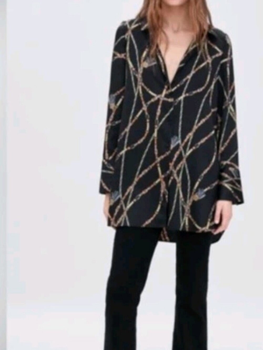 Zara Size XL Black Buttoned Tunic Long Sleeve Geometric Blouse